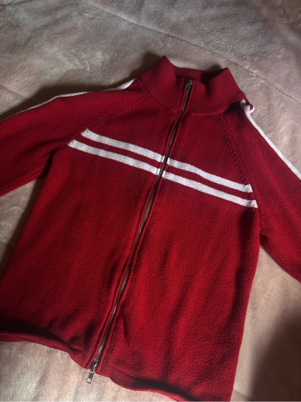 Women's Red Zip-Front Crew Sweater with White Stripe